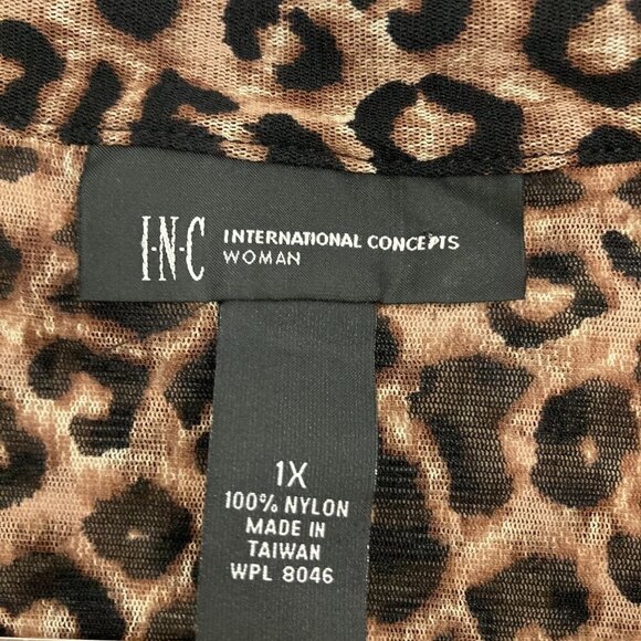 INC International Concepts Brown Leopard Print Stretch Short Sleeve Top 1X - Picture 2 of 9